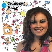 Pageant platform submission Smiling woman with long, dark hair on a background of children's drawings